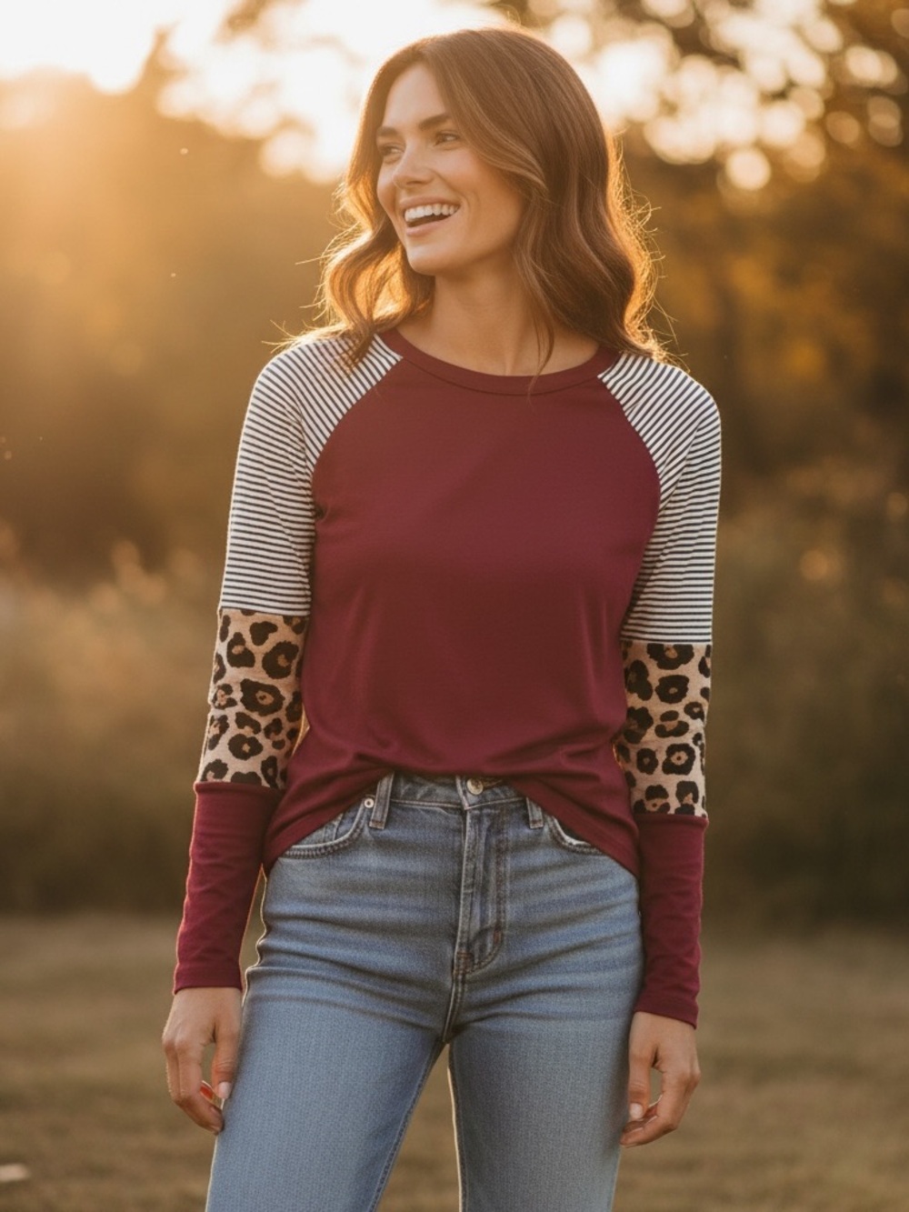 Striped & Leopard Sleeve Raglan Top // Women